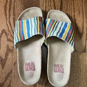 Muk Luks Lea Striped Canvas Slides Cork Wedge Size 7